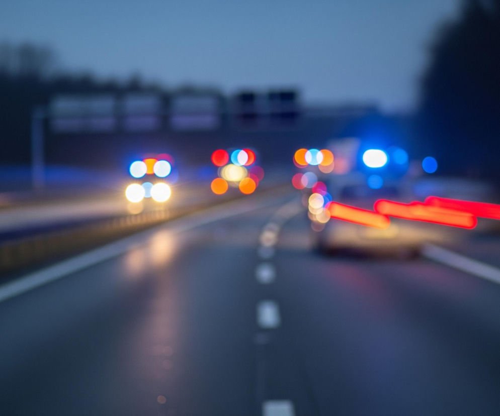 Nocna scena na autostradzie z rozmytym światłem samochodów i lamp drogowych. W centrum znajduje się ciemna, mokra nawierzchnia drogi z wyraźnymi białymi liniami, oddzielającymi pasy ruchu i pobocze. Z lewej strony drogi, w oddali, widoczne są niewyraźne, ciemne sylwetki drzew lub krzewów. Nad horyzontem niebo ma odcień ciemnego błękitu przechodzącego w szarość.

W oddali, na horyzoncie, znajdują się jasne, rozmyte plamy świateł pojazdów – głównie niebieskich i pomarańczowo-czerwonych, tworzących efekt bokeh. Po prawej stronie, na pierwszym planie, widoczny jest niewyraźny zarys samochodu z intensywnymi, długimi, czerwonymi smugami świateł tylnych, sugerującymi ruch. W górnej części kadru, powyżej drogi, rozciągają się ciemne, niewyraźne konstrukcje, prawdopodobnie mosty lub bramownice z znakami drogowymi, z rozświetlonymi punktami.