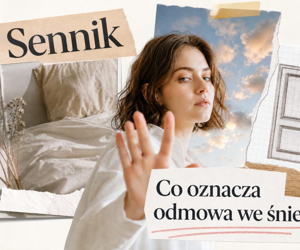 Młoda kobieta wykonuje gest odmowy dłonią. Obok miniatury łóżka i drzwi. O snach o odmowie przeczytasz na SE.