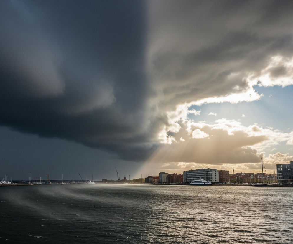 Dramatyczny widok nabrzeża z mocnym kontrastem światła i cienia. Po lewej stronie niebo jest pokryte gęstymi, ciemnoszarymi chmurami burzowymi, rzucającymi cień na część akwenu i portu z żaglówkami. Po prawej stronie, niebo jest jaśniejsze, częściowo błękitne, z białymi, puszystymi chmurami, przez które przebijają się promienie słońca, tworząc smugi światła nad wodą i oświetlając budynki na horyzoncie. Linia brzegowa po obu stronach akwenu jest zabudowana. Po lewej widoczne są liczne maszty żaglówek w porcie, a w tle majaczą dźwigi budowlane i przemysłowe obiekty. Po prawej stronie widać nowoczesne, wielokondygnacyjne budynki mieszkalne lub biurowe, a także mniejsze, tradycyjne domy. W centrum kadru na wodzie widać białą smugę, wyglądającą jak rozproszone krople wody lub mgła unosząca się nad powierzchnią.