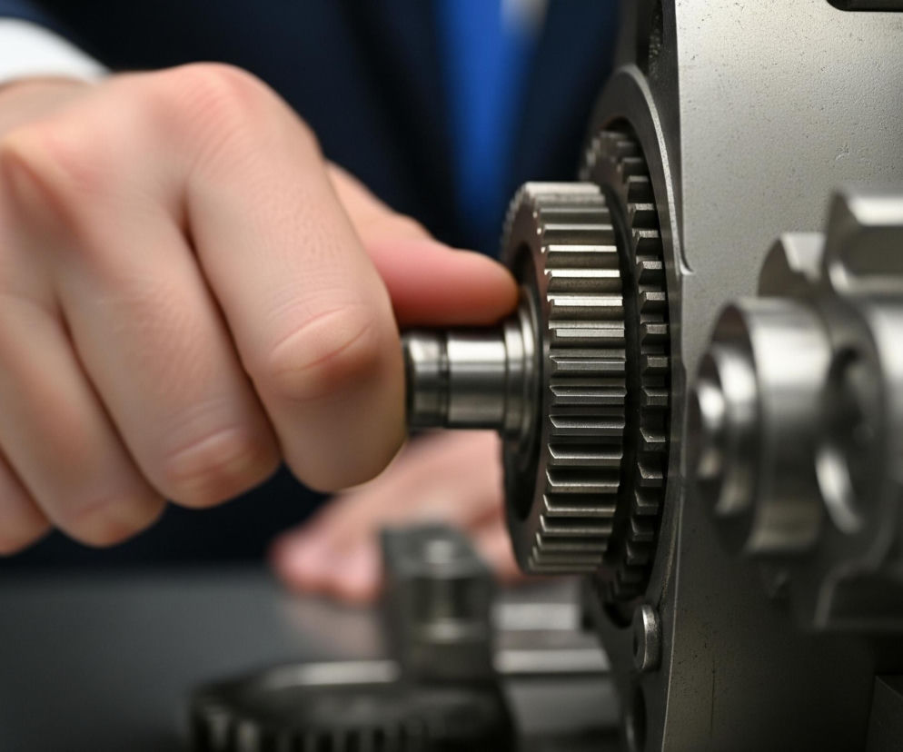 Prawa ręka osoby, ubranej w białą koszulę z niebieską marynarką, obsługuje srebrny mechanizm zębatek. Palce prawej dłoni są ułożone wokół metalowego wałka z jedną zębatką, którą wsuwa lub wysuwa z większego, złożonego mechanizmu. Widoczne są dwie zazębiające się zębatki oraz fragmenty matowego, metalowego korpusu maszyny po prawej stronie. Tło jest rozmyte, ukazując ciemną powierzchnię pod mechanizmem oraz rozmazane kształty.