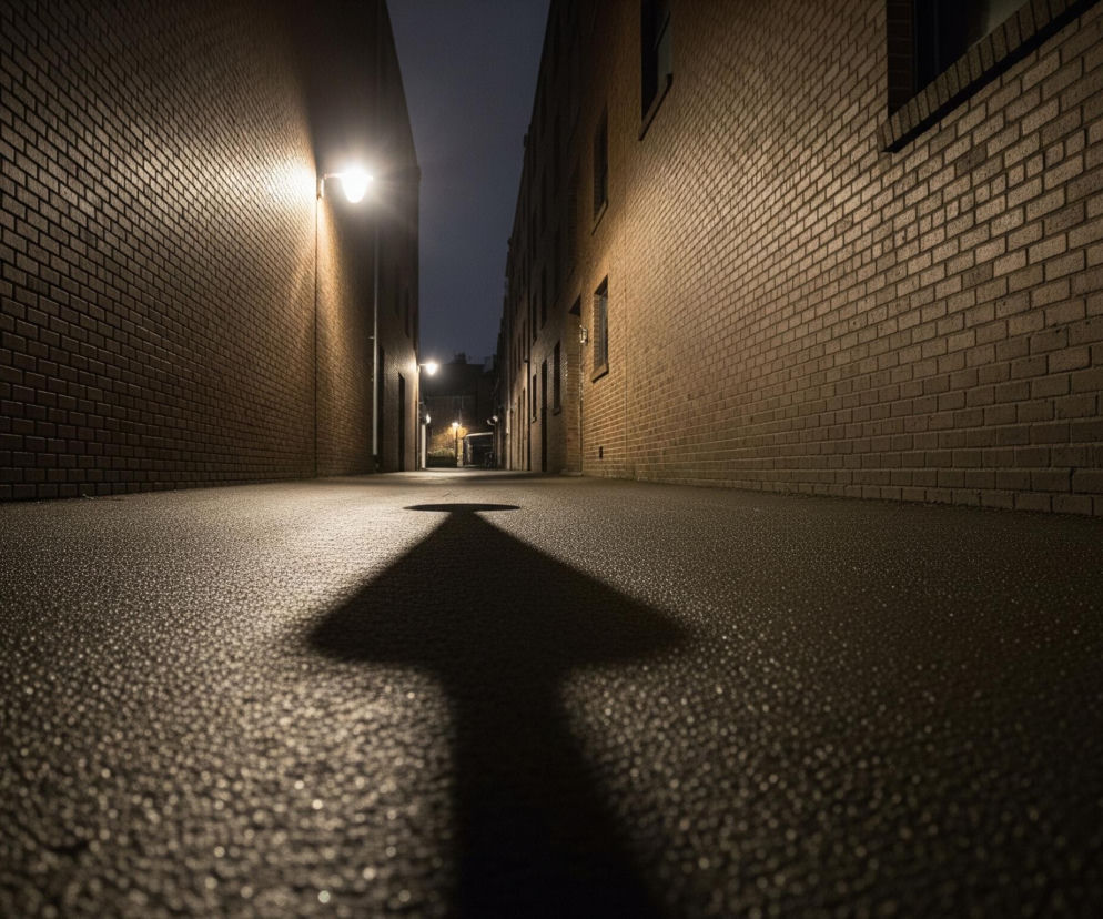 Wąska uliczka, otoczona po obu stronach wysokimi budynkami z cegły, rozciąga się w głąb obrazu, gdzie na jej końcu widać oddalone, niewyraźne światła. Na pierwszym planie, na mokrej, ciemnej nawierzchni, która odbija światło w postaci drobnych, jasnych punktów, widoczny jest duży, ciemny cień w kształcie strzałki skierowanej w głąb przejścia. Po lewej stronie, wysoko na ścianie, umieszczona jest jasno świecąca lampa uliczna, oświetlająca fragment muru ciepłym, żółtym światłem. Niebo na górze jest ciemne, niemal granatowe, sugerując noc lub bardzo późny wieczór.