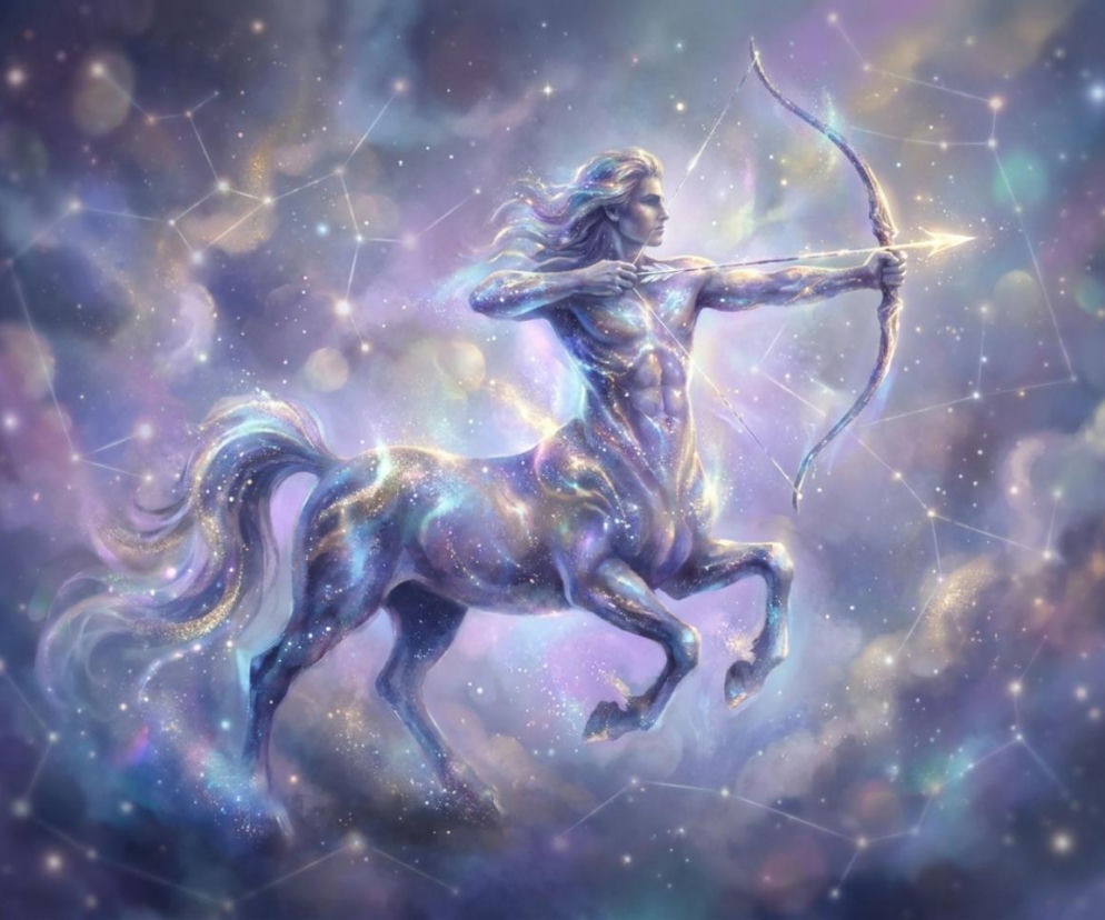 Centaur mierzący z łuku na tle gwieździstego nieba. O horoskopie dla Strzelca przeczytasz na Eska.