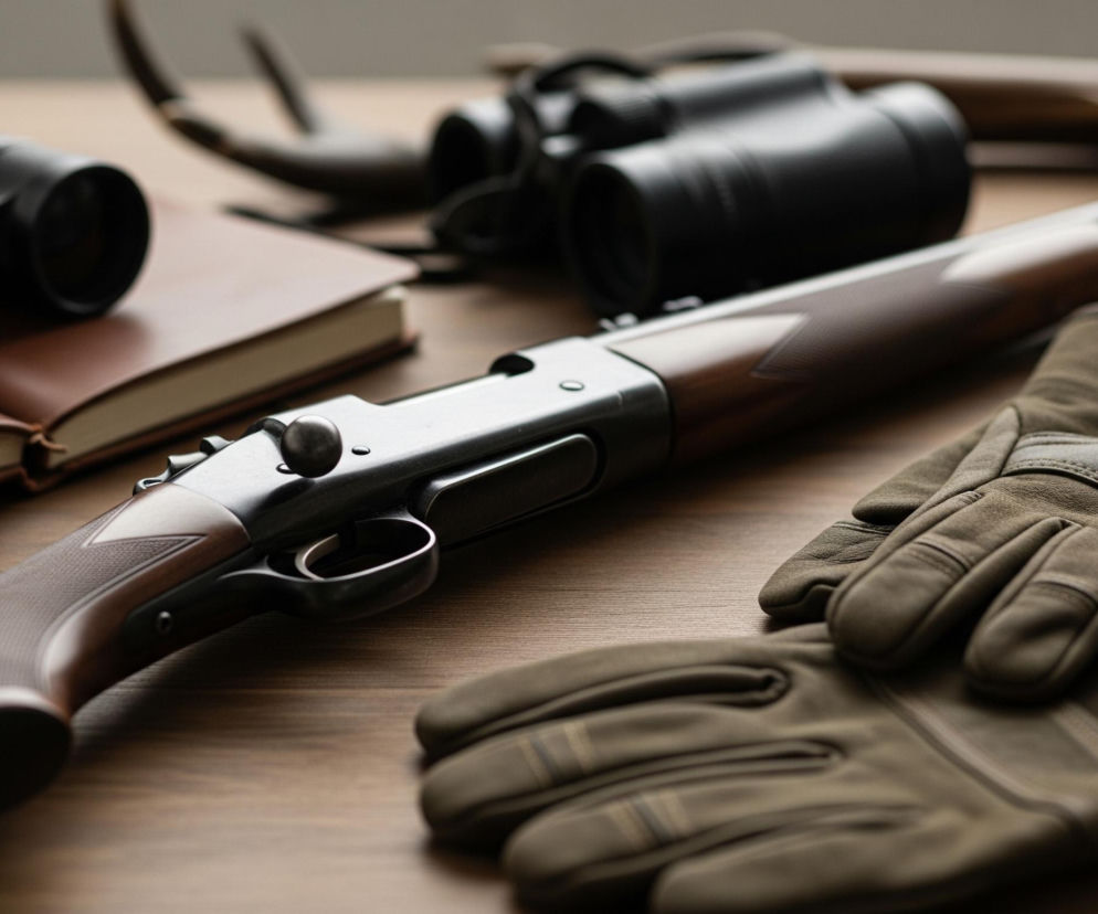 Na drewnianym stole leży strzelba z drewnianą kolbą o brązowym odcieniu i metalowym, ciemnoszarym korpusie, skierowana lufą w prawo, ku górze obrazu. Obok strzelby, po prawej stronie, leży para grubych, oliwkowych rękawiczek. Z lewej strony, za strzelbą, widoczne są otwarty, brązowy notes lub książka w skórzanej oprawie, a na nim czarna lornetka. W tle, częściowo rozmyte, znajdują się kolejne ciemne przedmioty, w tym fragmenty innej lornetki i czegoś przypominającego poroże.