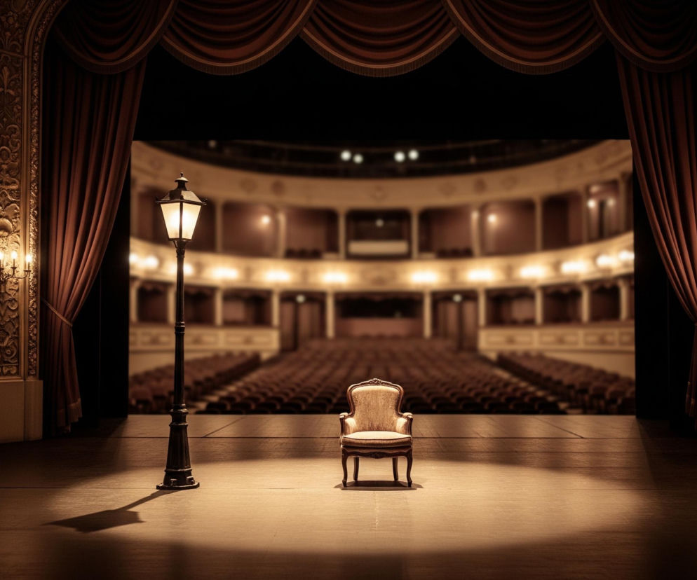Na scenie teatru, oświetlonej pojedynczym snopem światła, stoi zabytkowa latarnia uliczna po lewej stronie i elegancki, beżowy fotel z rzeźbionymi drewnianymi elementami po prawej stronie. Tło stanowi rozmyta perspektywa pustego, rzędami brązowych siedzeń audytorium, z widocznymi balkolami i architektonicznymi zdobieniami w odcieniach złota i brązu. Scena jest otoczona ciężkimi, brązowymi aksamitnymi kurtynami z ozdobnymi frędzlami, a po bokach widoczne są bogato zdobione złote kolumny z kinkietami.