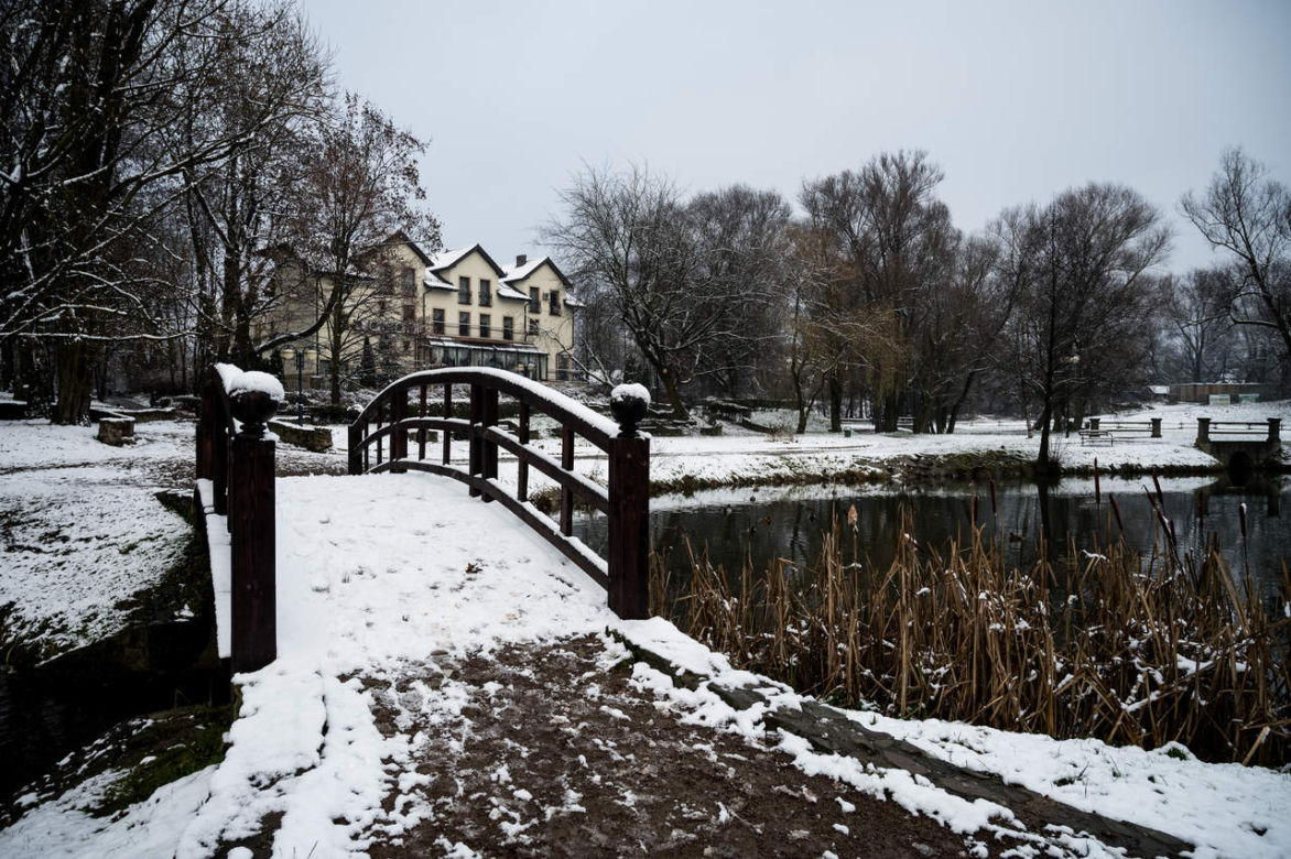 Skawiński park w zimowej otoczce