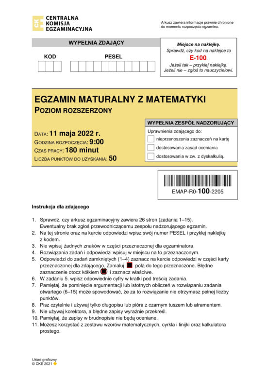Matura 2022: matematyka. Arkusze odpowiedzi, pytania CKE. Poziom rozszerzony