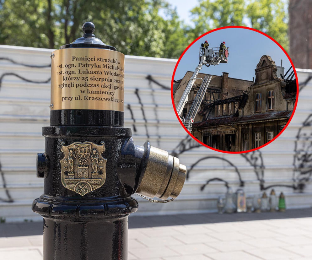 Pamiątkowy hydrant. Na miniaturze strażacy w koszu podnośnika przy kamienicy. O zarzutach przeczytasz na Eska Poznań.