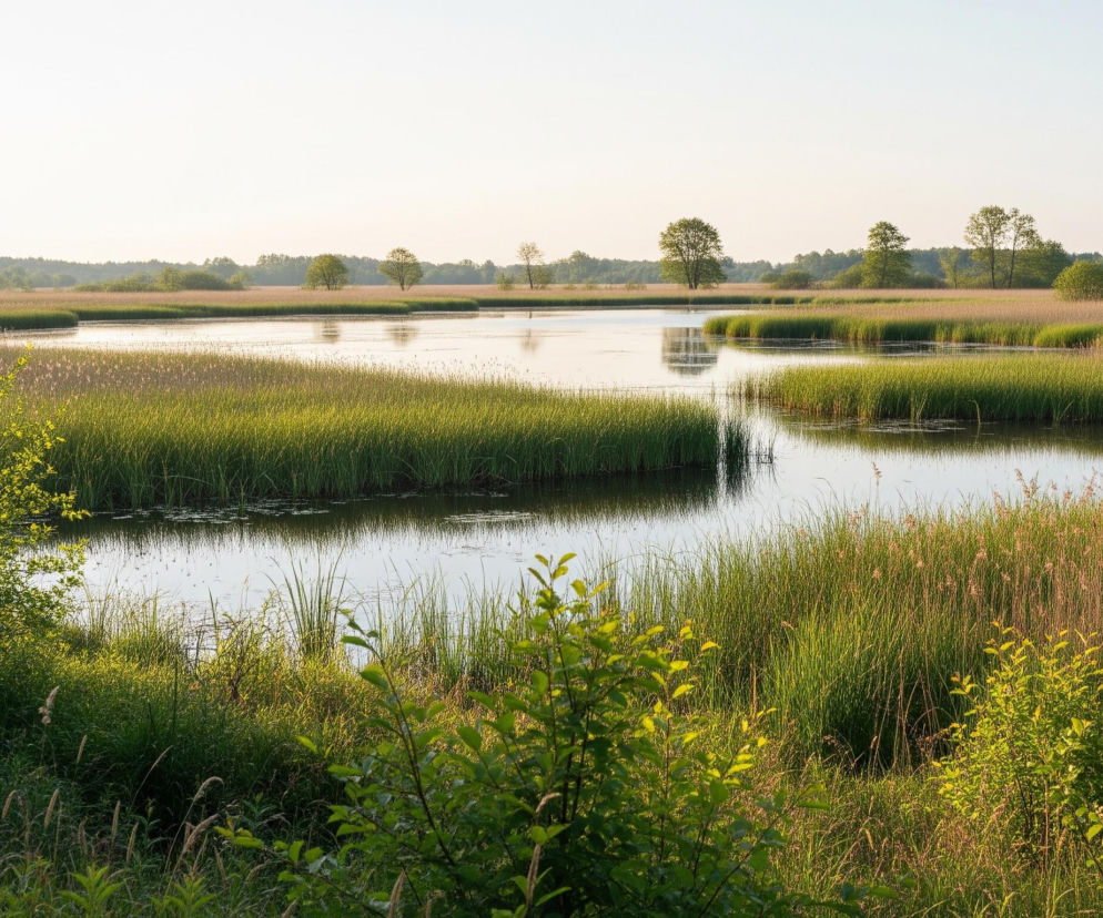 Na pierwszym planie, z lewej strony, widoczne są intensywnie zielone krzewy i wysoka trawa, częściowo zacienione. Na środku zdjęcia dominuje płytki, spokojny zbiornik wodny o jasnej, niemal lustrzanej tafli, która odbija otaczające drzewa i jasne niebo, przechodzące od bieli do jasnego błękitu. Wokół wody, na jej brzegach i dalej w krajobrazie, rosną gęste pasy trzcin i traw o zróżnicowanej wysokości i odcieniach zieleni, z jaśniejszymi, niemal słomkowymi partiami w oddali. Na horyzoncie, ponad pasem trzcin, widać pojedyncze drzewa i zarys lasu.