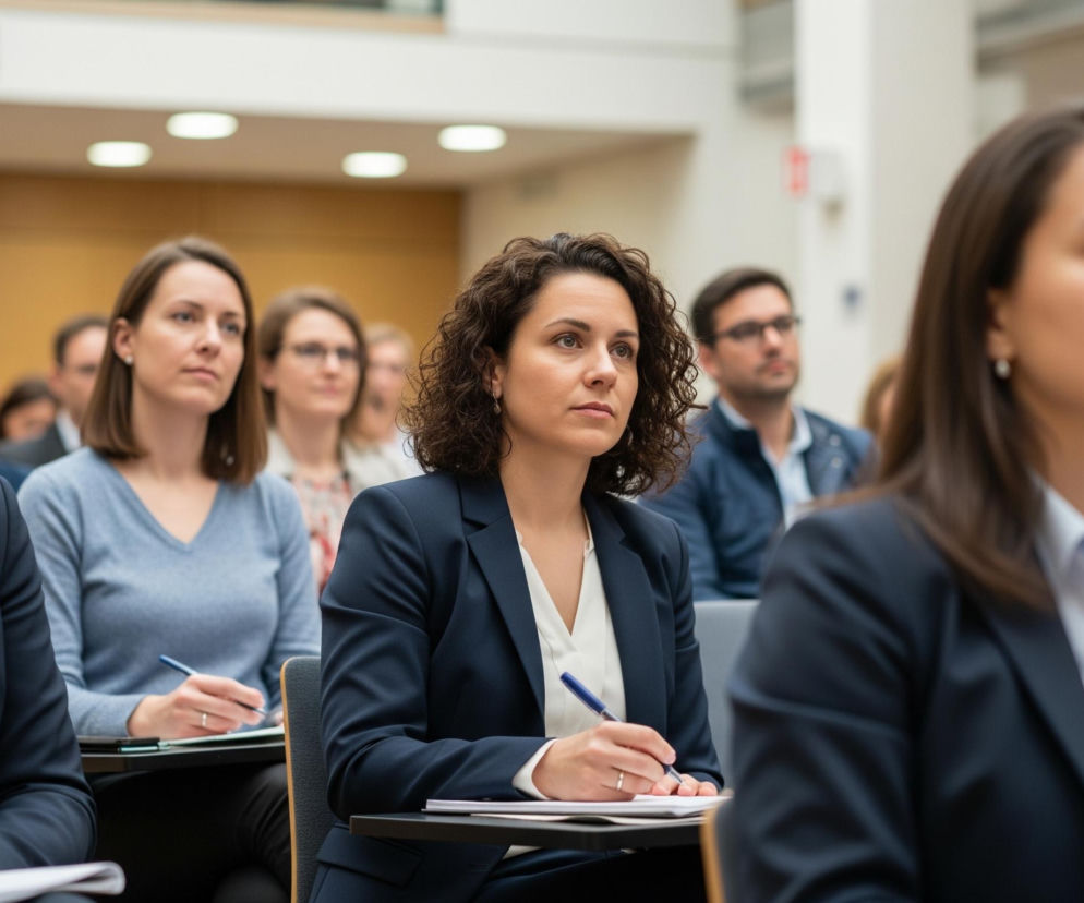 Rząd ludzi siedzi w pomieszczeniu przypominającym salę wykładową, skupiając uwagę na czymś poza kadrem. W centrum, lekko na lewo, siedzi kobieta o kręconych, ciemnych włosach, ubrana w ciemną marynarkę i białą bluzkę, która trzyma długopis w prawej dłoni i patrzy w górę, jej wyraz twarzy jest poważny. Przed nią leży notatnik na ciemnym, składanym pulpicie. Po jej lewej stronie, lekko rozmyta, siedzi kobieta w okularach w ciemnych oprawkach, również w ciemnej marynarce i białej koszuli w paski, z długopisem w dłoni. W tle, widoczne są inne osoby, zarówno kobiety, jak i mężczyźni, wszyscy wyglądający w tym samym kierunku. Sufit sali jest biały, z widocznymi prostokątnymi lampami, a na ścianie w tle znajduje się drewniana boazeria.