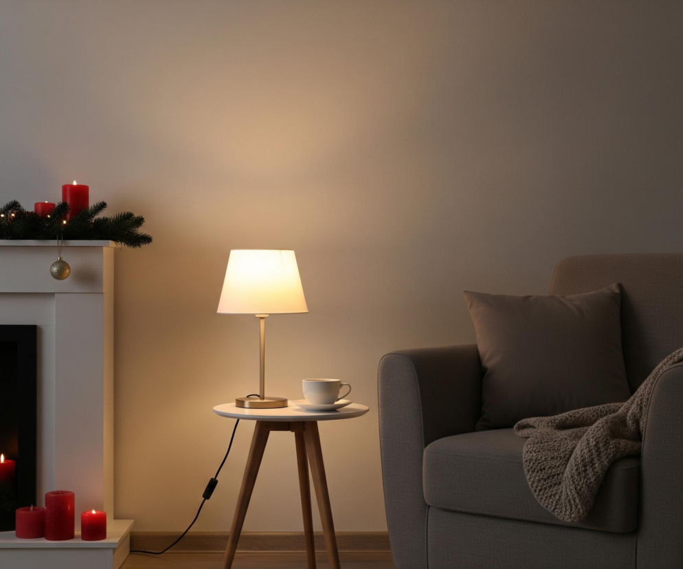 Wnętrze pokoju oświetlone jest punktowo, skupiając się na centralnie umieszczonej lampie stołowej z białym abażurem, która stoi na okrągłym, trójnożnym stoliku. Na stoliku obok lampy znajduje się biała filiżanka z podstawką. Po lewej stronie widoczny jest biały kominek ozdobiony czerwoną girlandą z iglastych gałązek i złotymi bombkami, a na jego blacie palą się cztery czerwone świece. W palenisku kominka również płoną trzy czerwone świece otoczone zielonymi gałązkami i ozdobione czerwoną kokardą, a obok niego, na niższym stopniu, stoją kolejne cztery czerwone świece o różnej wysokości, obok drewnianej latarni ze świecą. Po prawej stronie kadru znajduje się beżowy fotel z poduszką i narzuconym na oparcie plecionym kocem, a za nim rozciąga się ściana w jasnym, neutralnym kolorze.