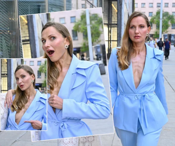 Joanna Moro musiała uważać! Założyła marynarkę na gołe ciało, a dekolt sięgał aż do pasa