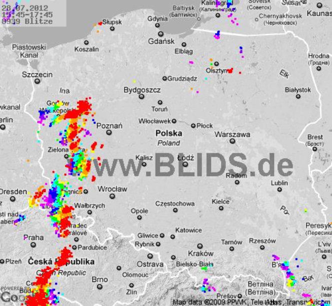 Burze w Polsce, 28.07.2012 - MAPA z godz. 15.45-17.45