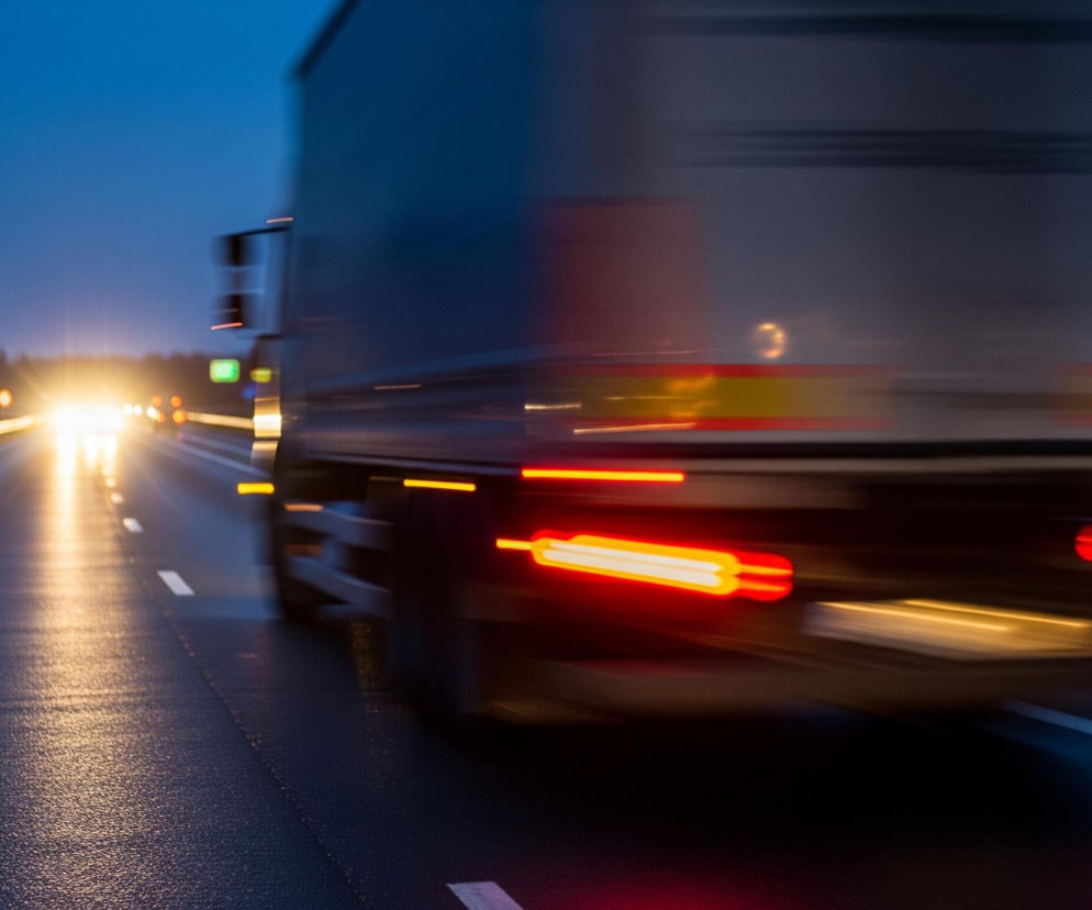 Ciężarówka z naczepą w ruchu zajmuje prawą część kadru, jej boki są rozmyte od prędkości, a tylne światła stopu i obrysówki jarzą się intensywnym czerwonym światłem oraz żółtymi liniami. Pojazd jest ciemnoszary lub czarny, z wyraźnymi oponami i elementami podwozia. Na mokrej, ciemnej jezdni odbijają się światła nadjeżdżających z naprzeciwka pojazdów, tworząc długie, jasne smugi, a także światła pozycyjne od ciężarówki. Tło stanowią ciemne drzewa i pas zieleni, a niebo ma głęboki, granatowy odcień.