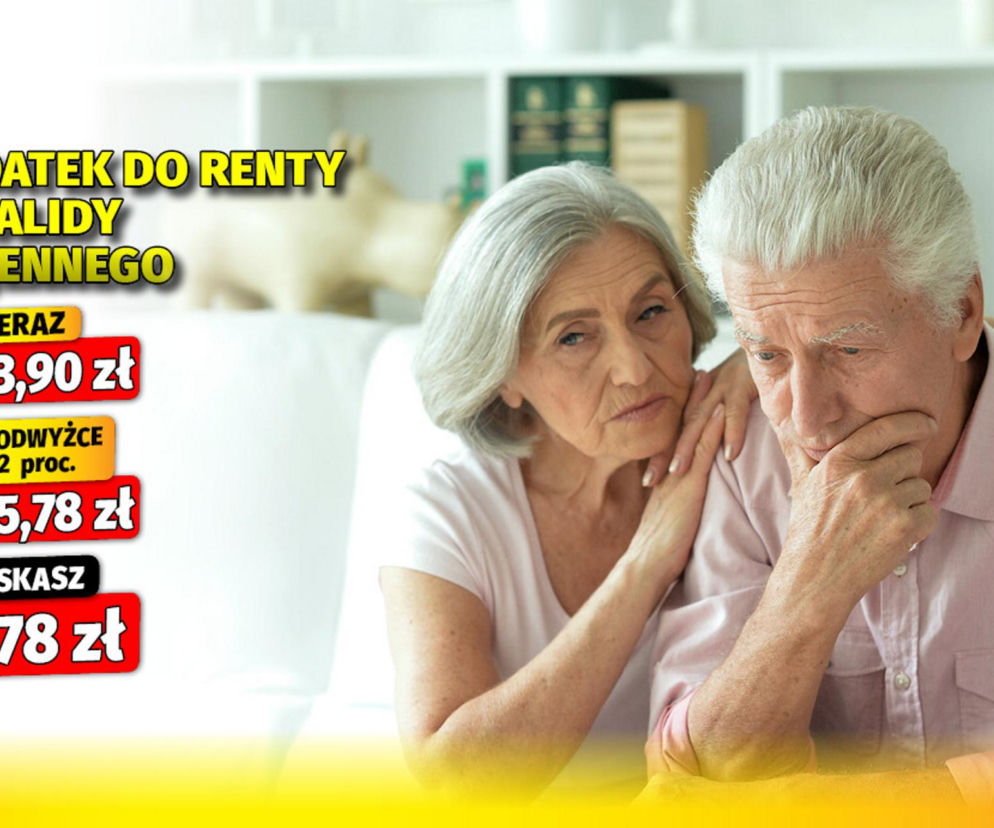 Zatroskana starsza para. Obok grafika z wyliczeniem wzrostu dodatku do renty inwalidy wojennego na SE Superbiz.