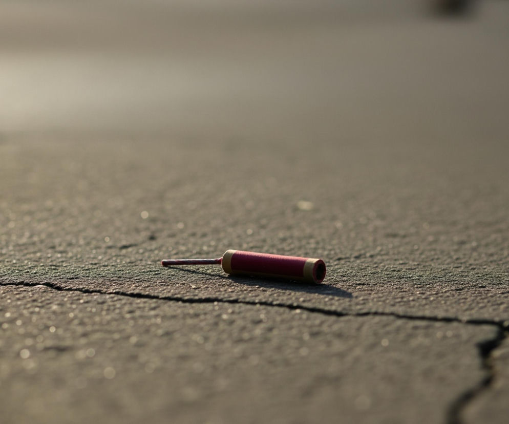 Czerwona petarda z brązowym lontem leży na popękanym, szarym betonie, rzucając delikatny cień na jego chropowatą powierzchnię. Betonowa nawierzchnia jest rozświetlona światłem słonecznym, tworząc rozmyte refleksy światła na jej nierównościach, szczególnie widoczne w dolnej części kadru. Tło jest nieostre, dominują w nim rozmyte, jasnoszare odcienie.