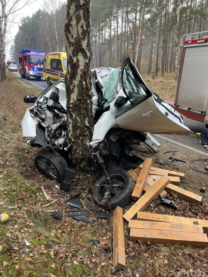 Groźny wypadek pod Bydgoszczą! Kierowca zakleszczony w aucie po uderzeniu w drzewo