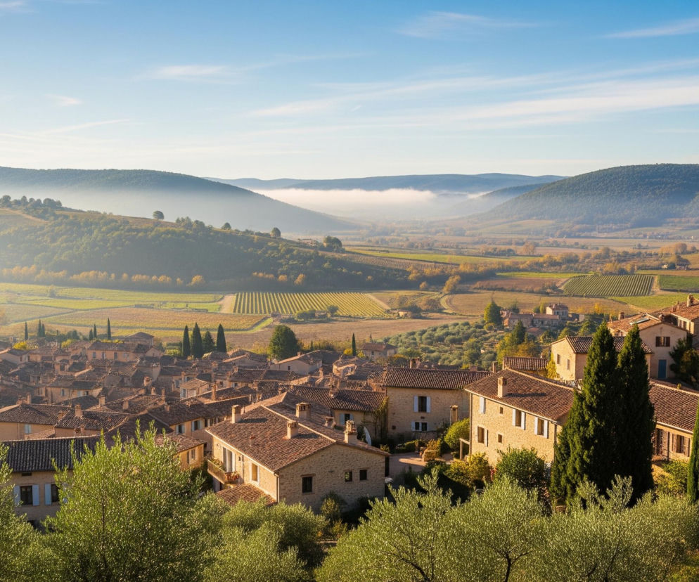 Malownicza panorama doliny ukazuje starą wioskę z licznymi domami o ceglanych dachach, rozmieszczonymi na wzgórzu, otoczonymi przez zielone drzewa. W tle rozciągają się rozległe pola uprawne, w tym winnice o rzędach krzewów, które tworzą geometryczne wzory na ziemi. Dolina jest otoczona pofalowanymi wzgórzami, a w oddali widać mgłę unoszącą się nad jej dnem, natomiast niebo na górze jest jasnoniebieskie z kilkoma delikatnymi smugami chmur.