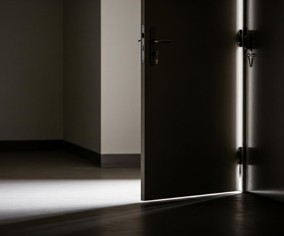 Ciemne skrzydło drzwi uchylone jest po prawej stronie kadru, tworząc pionową szczelinę, z której wydobywa się intensywne, białe światło. To światło rozświetla również wąski pas pod drzwiami oraz fragment podłogi w lewym dolnym rogu, rzucając wydłużony cień. Pozostała część obrazu pogrążona jest w ciemności, z jedynie lekko widocznymi ścianami i podłogą w odcieniach szarości i brązu, oraz zarysem czarnej listwy przypodłogowej. Na drzwiach widoczne są elementy okuć, w tym czarna klamka i zamek z kluczem zwisającym poniżej.