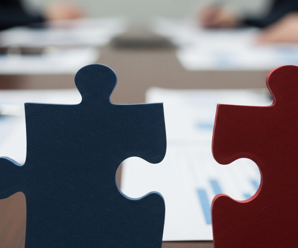 Dwie pionowo ustawione części układanki, jedna ciemnoniebieska po lewej i jedna ciemnoczerwona po prawej, są umieszczone na drewnianym stole. Oba elementy układanki mają chropowatą teksturę i są skierowane do siebie w centralnej części kadru, z lekko widoczną przestrzenią między ich wklęsłymi i wypukłymi krawędziami. W tle, rozmyte postacie ludzkie w garniturach siedzą przy tym samym stole, a przed nimi leżą dokumenty z niebieskimi wykresami.