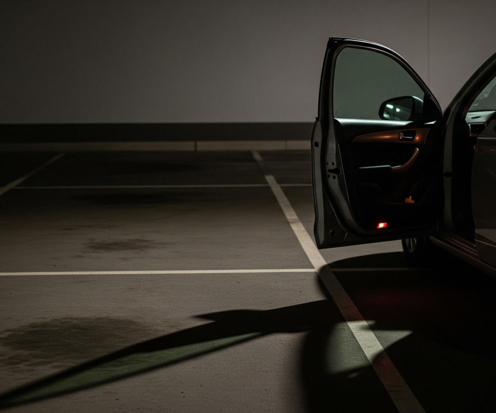 Srebrzysty samochód osobowy stoi na parkingu, jego otwarte drzwi kierowcy są skierowane w lewo. Na panelu drzwi widoczna jest czerwona lampka ostrzegawcza oraz odbicia świateł w lusterku bocznym. Podłoga parkingu, zaznaczona białymi liniami, jest częściowo mokra z kilkoma kałużami i rzuca długi, ciemny cień od otwartych drzwi, przecinający białe linie. W tle widać ciemną ścianę, a ogólne oświetlenie jest słabe, tworząc nastrój półmroku.