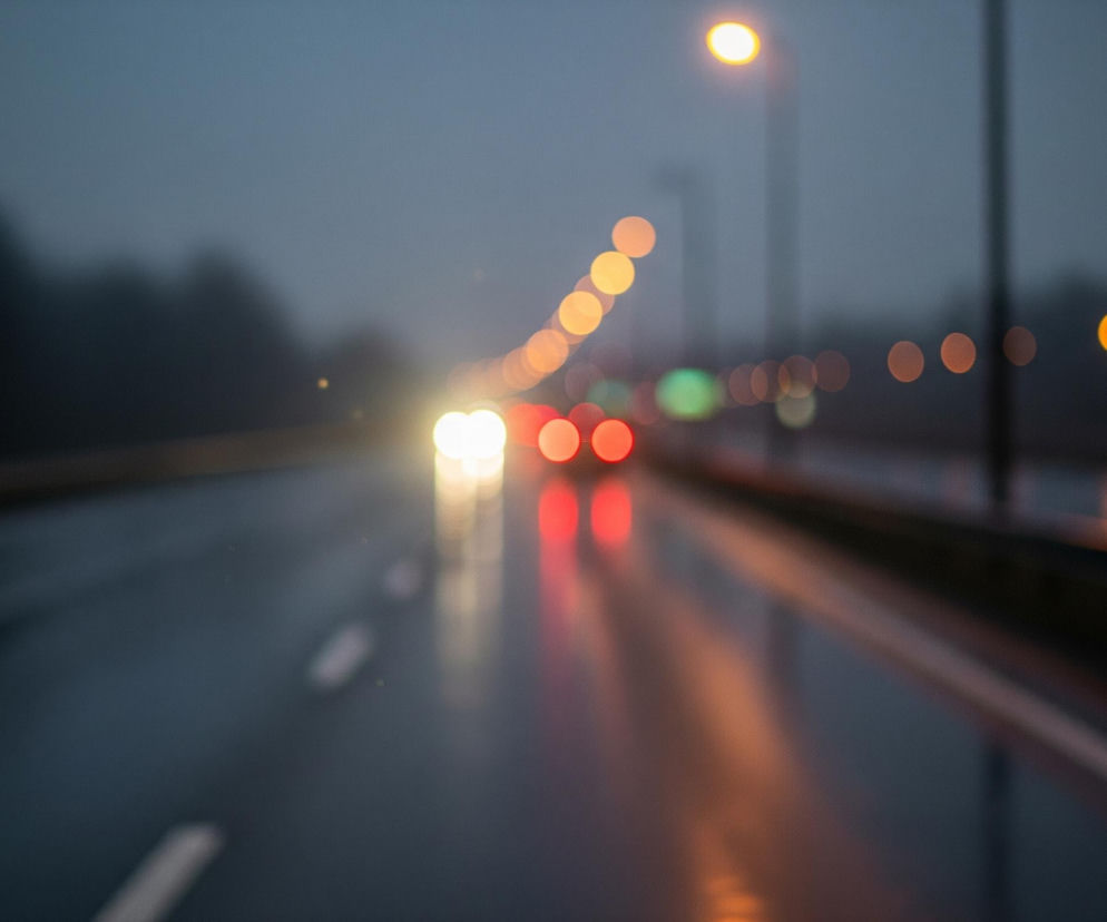 Asfaltowa droga, prawdopodobnie po deszczu, rozciąga się w głąb obrazu, a jej mokra nawierzchnia odbija światła. Na horyzoncie widoczne są rozmyte światła samochodów: jasne, białe reflektory i czerwone światła tylne, tworzące smugi. Po obu stronach jezdni ciągną się latarnie uliczne, ich pomarańczowe światła również rozmazane, tworząc rzędy okrągłych, świetlistych plam. Ogólny plan jest rozmyty, skupiając się na efekcie świateł i ich odbiciach, a otoczenie, zarośla i niebo, pozostają niewyraźne.