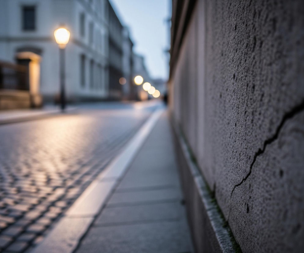 Prawy plan zajmuje szara, ziarnista ściana z wyraźnym pęknięciem biegnącym od góry do dołu. Lewa strona ukazuje brukowaną ulicę z widocznymi światłami latarni, które tworzą smugi jasnego światła na mokrej nawierzchni. Po prawej stronie ulicy widać chodnik, a dalej szereg rozmytych budynków z oświetlonymi oknami i kolejnymi lampami ulicznymi. Całość ma niebiesko-szary odcień, sugerujący poranek lub wieczór.