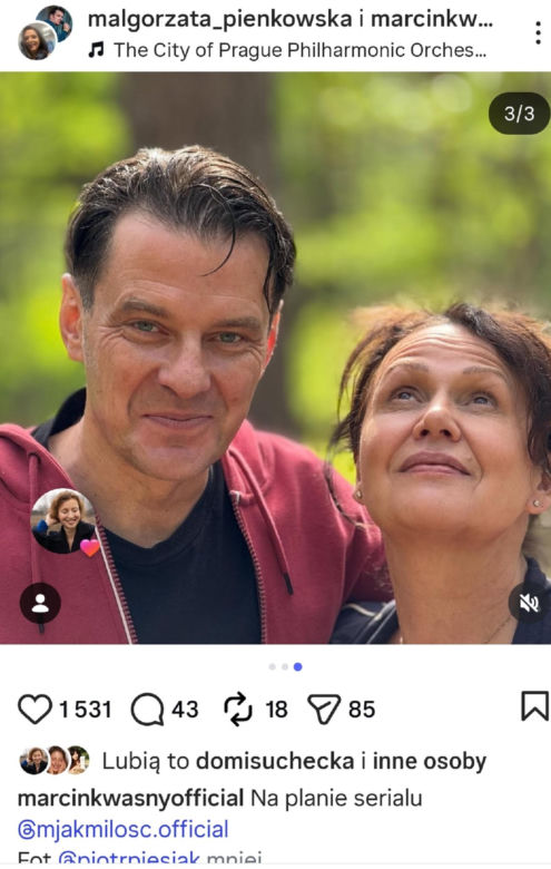 M jak miłość po wakacjach. Marysia (Małgorzata Pieńkowska), nowy bohater  Jerzy Wielicki (Marcin Kwaśny) na planie
