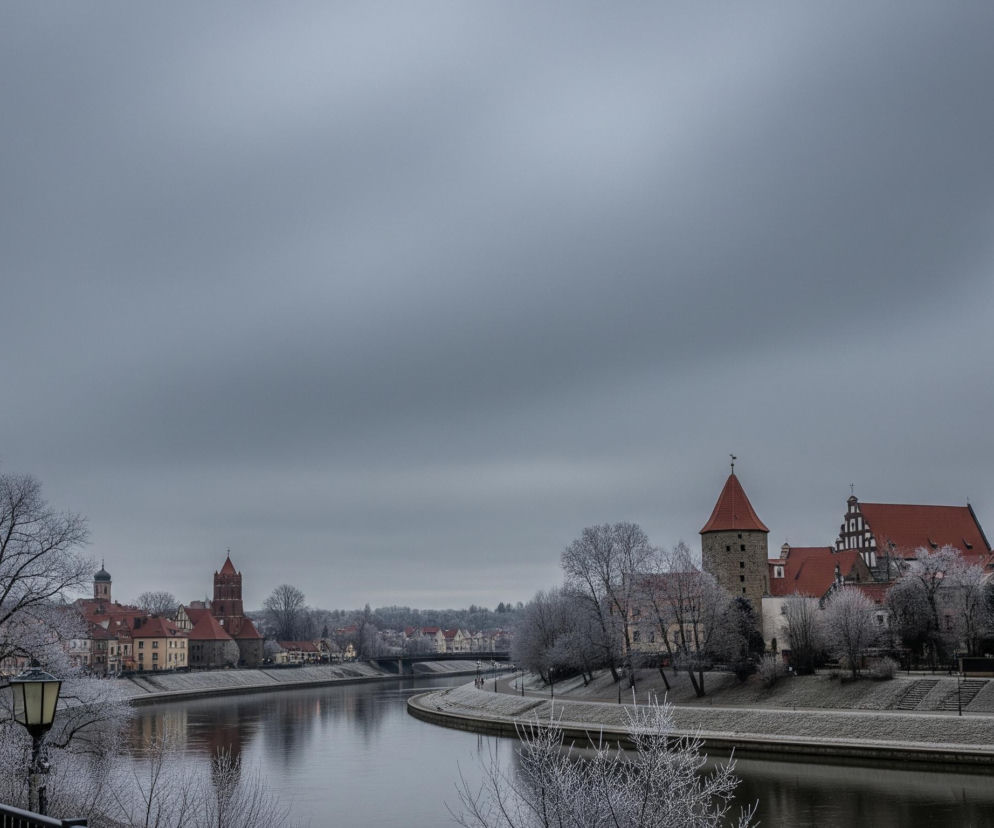 Szeroki kadr przedstawia rzekę płynącą przez miejski krajobraz w zimowej scenerii, pod szarym, zachmurzonym niebem. Na pierwszym planie, po lewej stronie, widoczny jest fragment metalowej balustrady mostu i latarnia uliczna, a gałęzie drzew pokryte są szronem. Rzeka, odbijająca szare niebo i elementy zabudowy, dzieli obraz na dwie strony: po lewej, w oddali, widać most oraz szereg budynków z czerwonymi dachami, w tym wysokie wieże kościelne, a po prawej stronie rzeki dominują zabytkowe budowle z cegły i tynkowane domy z czerwonymi dachami, otoczone drzewami i krzewami pokrytymi szronem.
