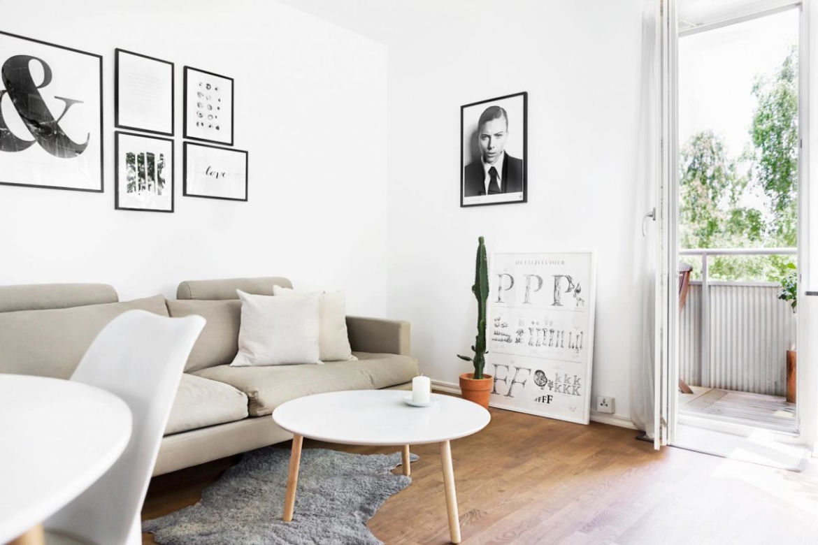 Salon z kuchnią w stylu skandynawskim