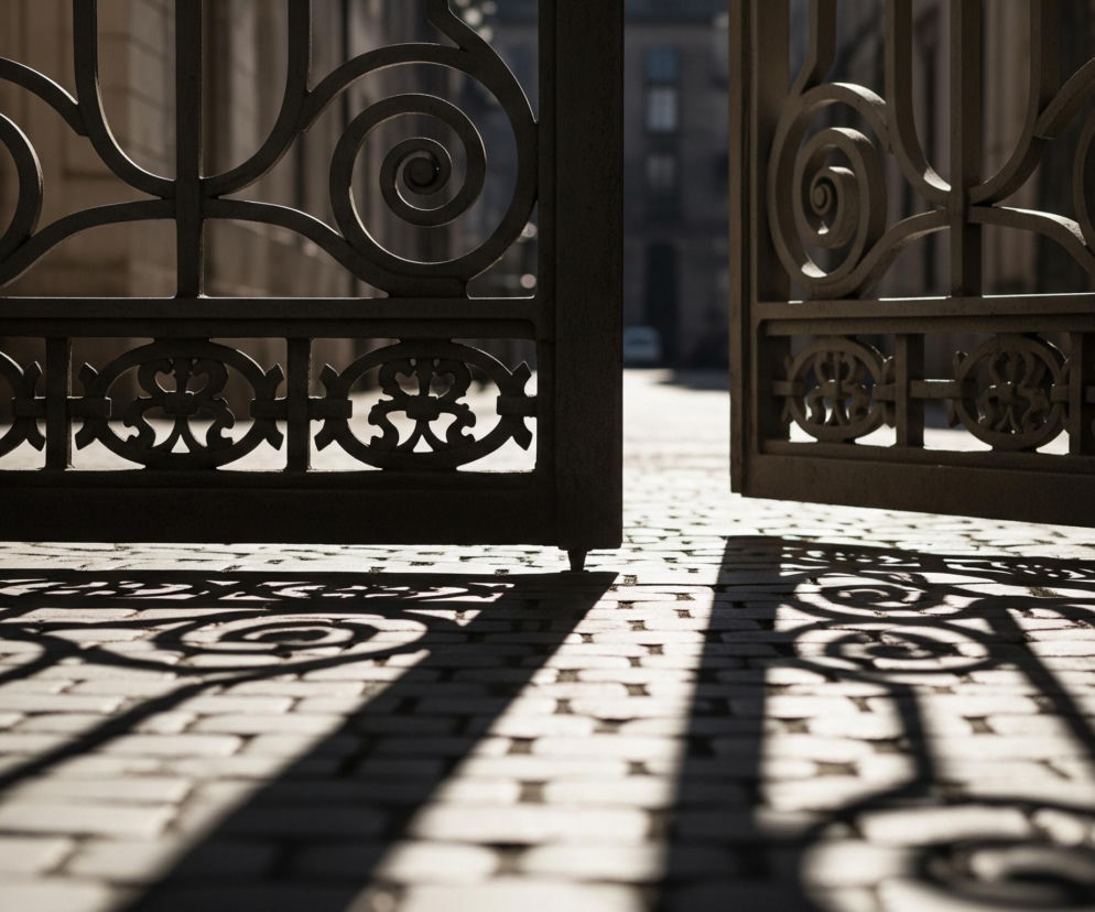 Dwie kute, otwarte bramy z ciemnego metalu dominują na pierwszym planie, z ozdobnymi spiralami i elementami w dolnej części. Ich cienie, wzorzyste i wydłużone, rzucają się na kamienny, brukowany chodnik, tworząc intrygujące kształty. W tle widać fragmenty budynków w ciepłych, stonowanych barwach oraz jaśniejsze światło w oddali, sugerujące wyjście na otwartą przestrzeń.