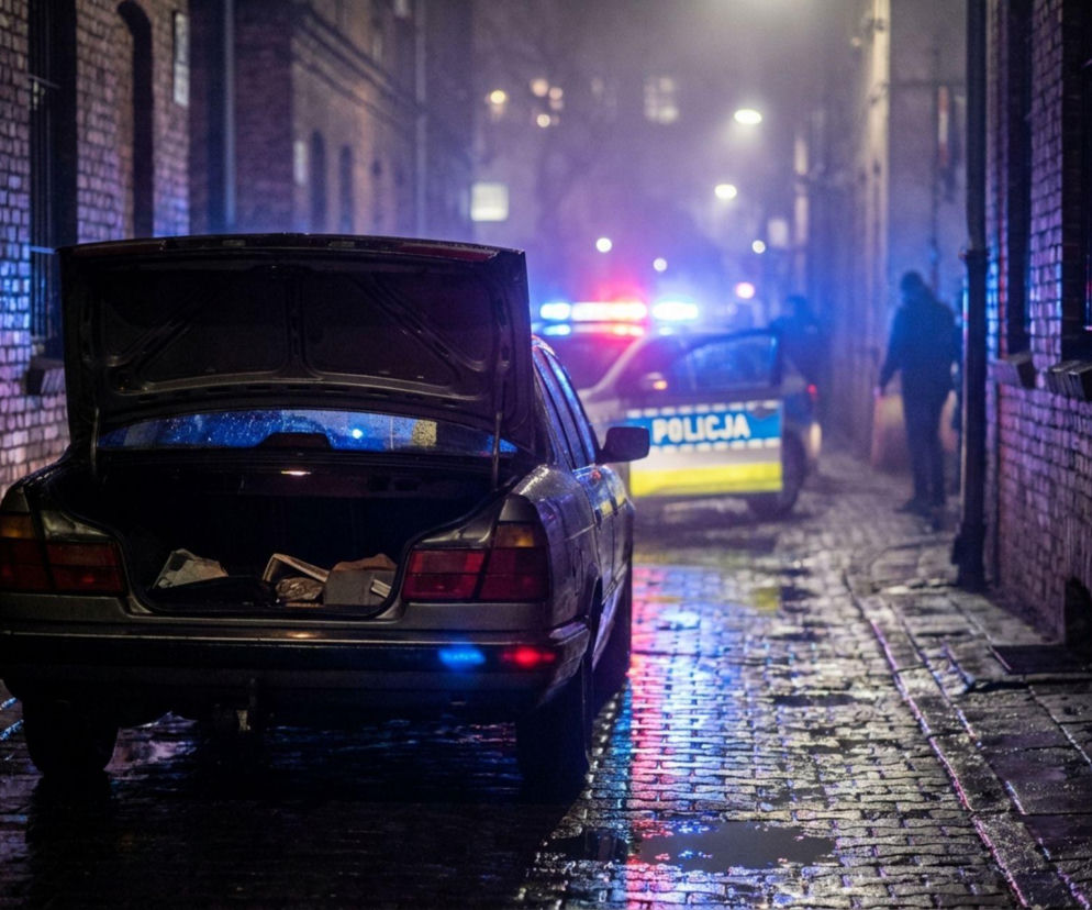 Otwarty bagażnik samochodu na tle radiowozu policyjnego