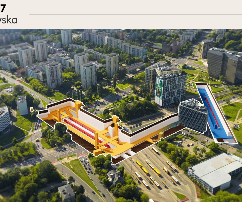 Schemat stacji G05/A07 Metro Wilanowska w Warszawie z lotu ptaka, przedstawiający perspektywiczny widok na istniejącą infrastrukturę miejską oraz wizualizację podziemnych elementów nowej linii metra M4, co do której szczegóły planów urbanistycznych można przeczytać na Architektura Murator Plus.