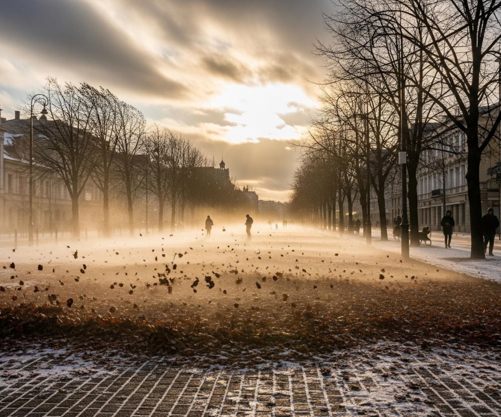 Złoto-brązowe liście i ziemia pokryte są częściowo cienką warstwą śniegu, tworząc kontrastującą siatkę na chodniku. Pośrodku kadru, chmura brązowych liści unosi się w powietrzu, podświetlona promieniami słońca przebijającymi się przez ciemne, puszyste chmury na niebie. W tle, sylwetki ludzi w ciemnych ubraniach przemieszczają się przez ulicę, otoczeni przez szereg drzew bez liści, a po obu stronach ulicy stoją jasne budynki z wieloma oknami i dachami w odcieniach czerwieni i brązu.