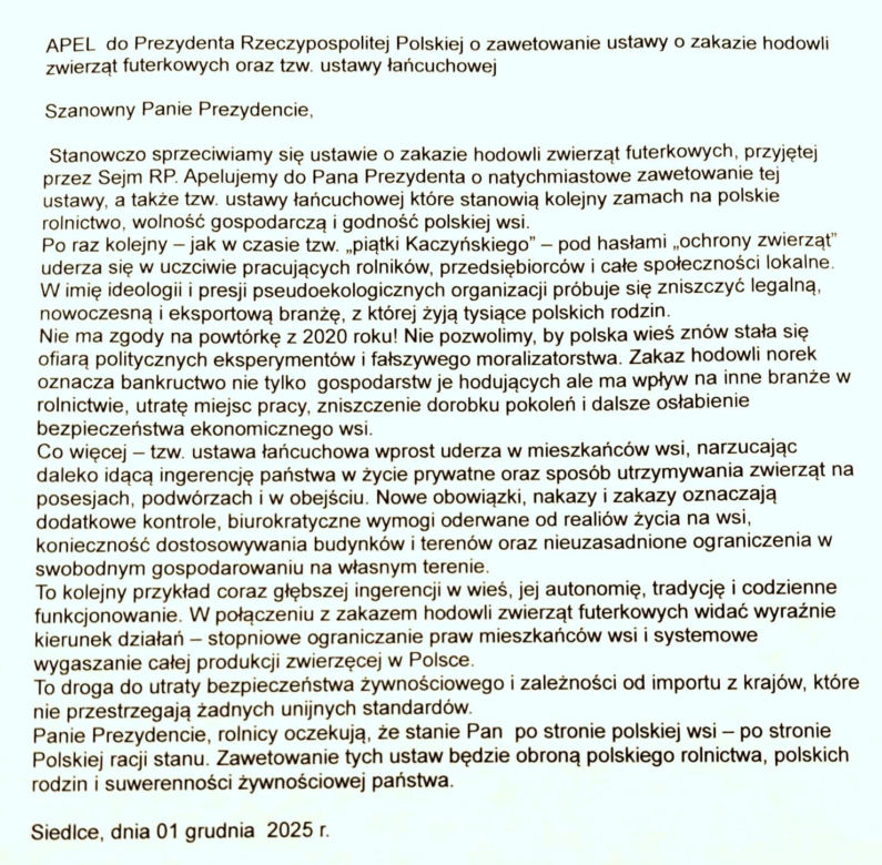 Rolnicy apelują do Prezydenta RP