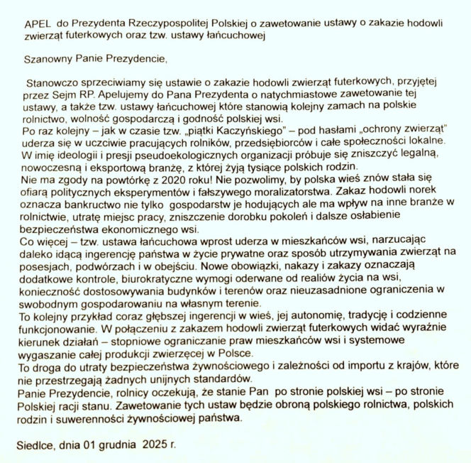 Rolnicy apelują do Prezydenta RP