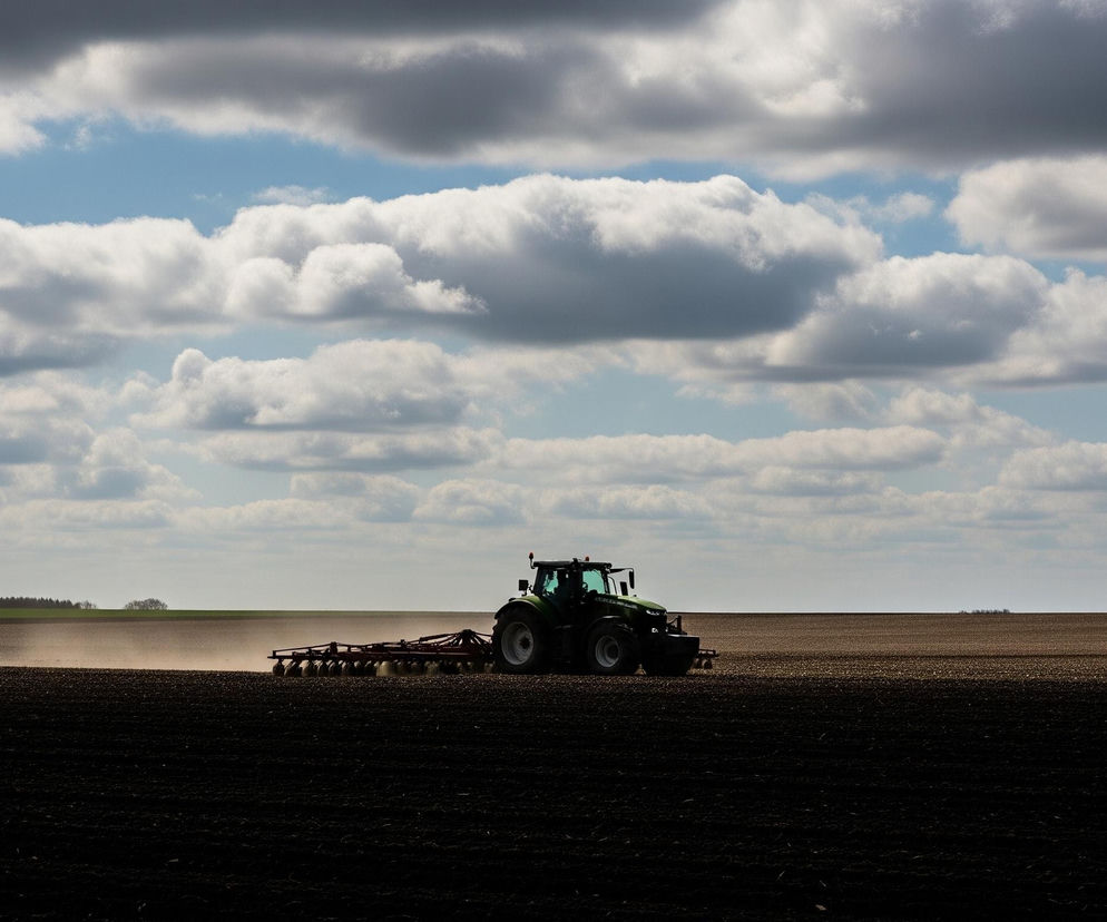 Duży, zielony traktor z pomarańczowymi światłami na dachu orze ciemną ziemię, podnosząc tumany jasnobrązowego pyłu z lewej strony za sobą, w centrum zdjęcia. Maszyna wyposażona jest w pług koloru rdzawego, z wieloma dyskami w układzie V, obracającymi glebę. Ponad horyzontem, na którym rosną odległe zielone pola i ciemne drzewa, rozciąga się niebo, częściowo błękitne z białymi, puszystymi chmurami, a częściowo pokryte ciemniejszymi, szarymi chmurami, które rzucają cień na górną część obrazu.
