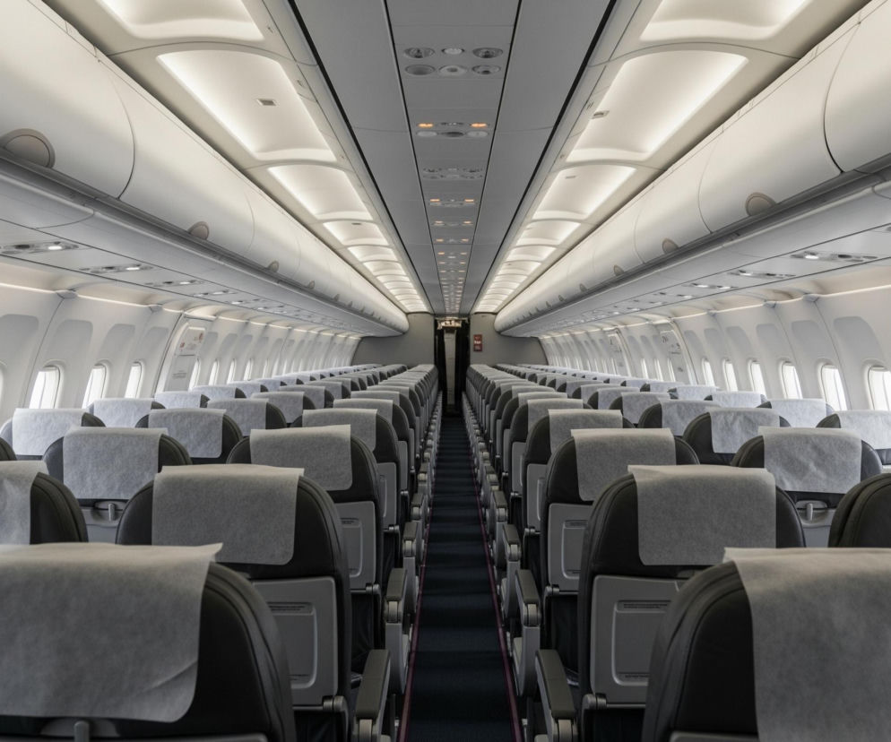 Wnętrze samolotu pasażerskiego jest puste, ukazując symetryczne rzędy siedzeń wzdłuż dwóch korytarzy. Czarne fotele z szarymi, jednorazowymi nakładkami na zagłówki biegną od przodu do tyłu kabiny, z widocznymi oknami po obu stronach. Sufit jest jasny, z podłużnymi panelami oświetleniowymi w kolorze białym i szeregiem mniejszych lamp punktowych, oraz zamkniętymi schowkami na bagaż podręczny, dominującymi w górnej części kadru. Widoczne są również tace w oparciach siedzeń i ciemnoszara wykładzina dywanowa na podłodze.