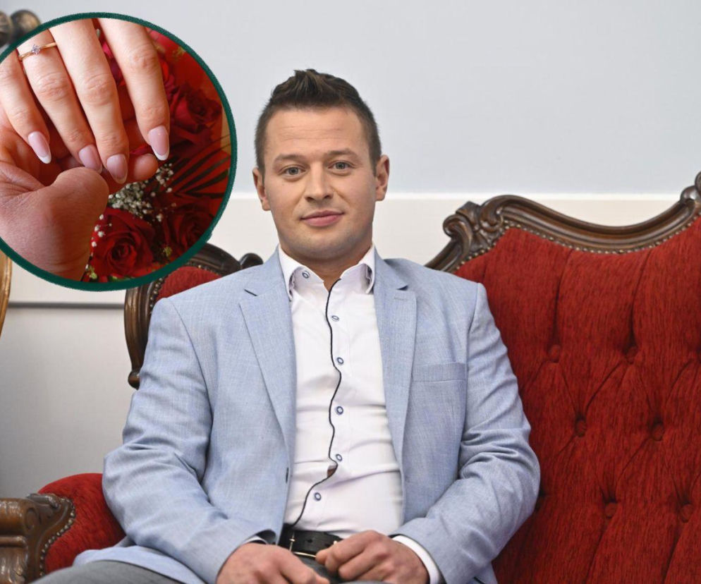 Krzysztof Skorulski na czerwonej kanapie. Na miniaturze dłonie narzeczonych i bukiet róż. O rolniku przeczytasz na SE.