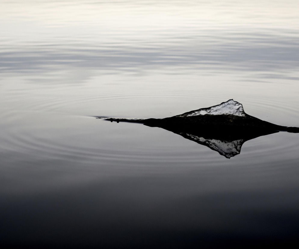 Na obrazie widoczna jest ciemna, trójkątna bryła wystająca z wody, pokryta na szczycie białym śniegiem lub lodem. Poniżej, w odbiciu na powierzchni wody, widać ciemną, wyraźną formę przypominającą bryłę, z białą częścią szczytu. Dookoła bryły, na spokojnej tafli wody, rozchodzą się delikatne, koncentryczne fale. Całość kompozycji utrzymana jest w stonowanych odcieniach szarości i bieli.