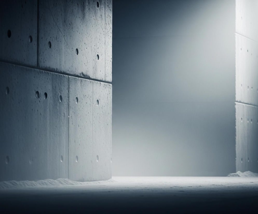 Lewa strona kadru ukazuje szorstką, szarą ścianę z widocznymi poziomymi i pionowymi łączeniami paneli, a także z regularnymi okrągłymi otworami i licznymi, drobnymi wgłębieniami. Ściana jest oświetlona od góry, przechodząc od jaśniejszych tonów u szczytu do ciemniejszych u podstawy, gdzie styka się z piaszczystym, falistym podłożem. Prawa strona obrazu to przestronne, jasne wnętrze, rozświetlone mocnym światłem wpadającym z góry, tworzącym miękkie przejścia tonalne od bieli do jasnej szarości.