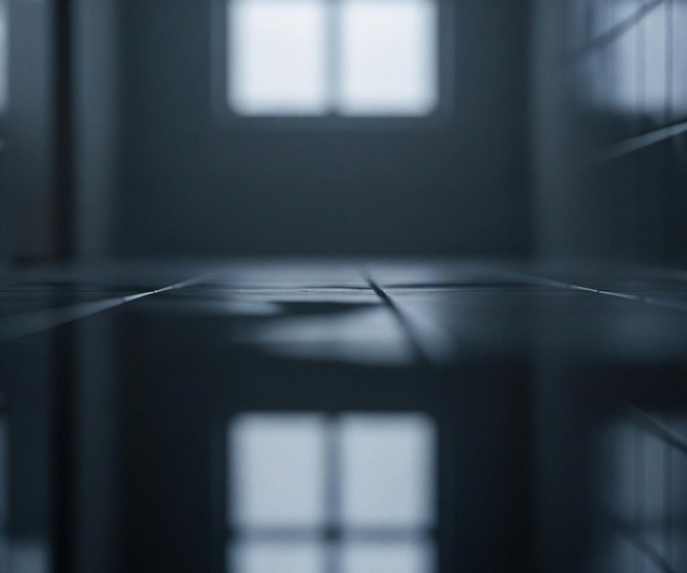 Wąski korytarz z ciemnymi, błyszczącymi płytkami na podłodze, odbijającymi górną część pomieszczenia. W tle, w centrum kadru, znajduje się jasno oświetlone okno z widocznym podziałem na dwie części. Ściana po prawej stronie wyłożona jest ciemnymi, prostokątnymi płytkami, ułożonymi poziomo. Cała scena utrzymana jest w chłodnych, ciemnych odcieniach szarości i błękitu, z niewielkimi, jasnymi akcentami światła.