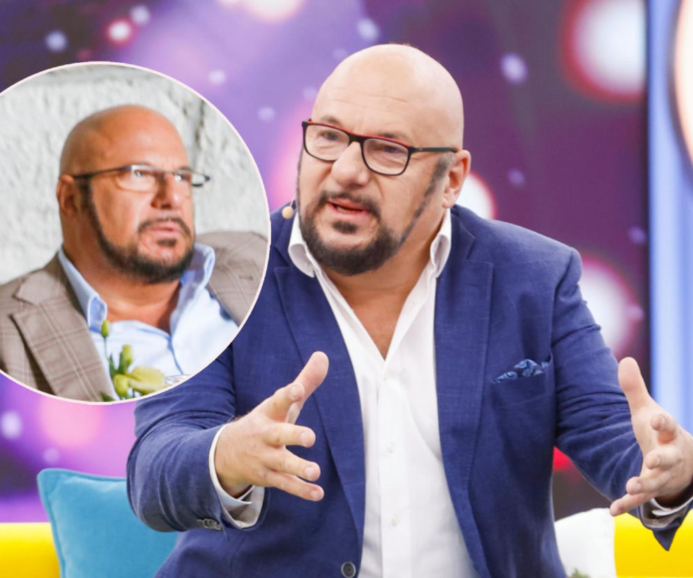 Piotr Gąsowski gestykuluje w studiu. Obok na miniaturze aktor w marynarce. O wakacjach rodziny Gąsowskich przeczytasz na SE.