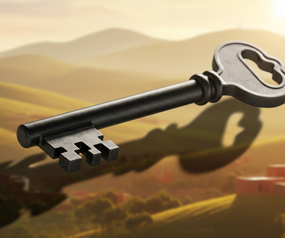 Czarny, metalowy klucz w stylu retro unosi się na pierwszym planie, z jego cieniem rzucanym na rozmyte tło. Klucz ma gładki, cylindryczny trzpień i ozdobny, owalny uchwyt z wyciętym w nim owalnym otworem. Dolna część klucza posiada trzy prostokątne zęby. Tło przedstawia faliste, zielono-żółte wzgórza pod jasnym niebem, gdzie na horyzoncie widoczne jest słońce, a w dolinie po prawej stronie majaczy skupisko budynków w kolorze terakoty.