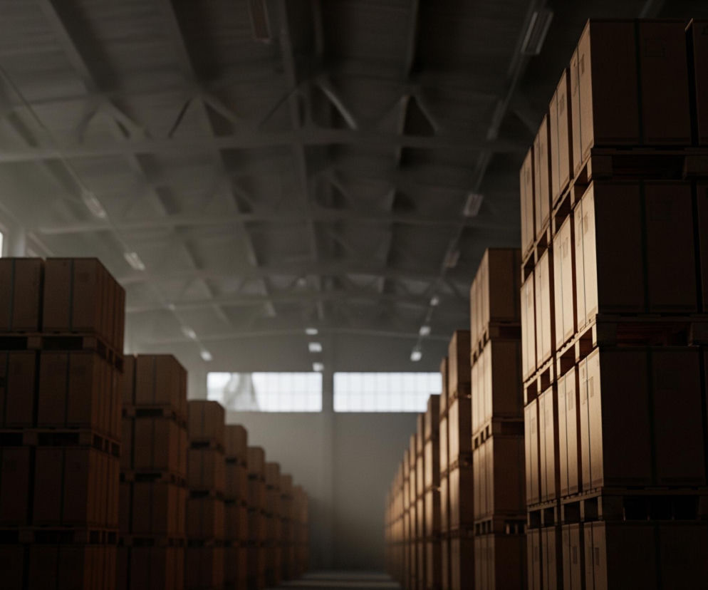 Duży, ciemny magazyn wypełniony jest rzędami wysokich stosów brązowych kartonowych pudeł, ułożonych na drewnianych paletach. Światło wpada przez kilka okien na bocznych ścianach i odbija się od górnej części pudeł po prawej stronie. Widoczna jest konstrukcja dachu z belkami i kratownicami, a także świetlówki na suficie.