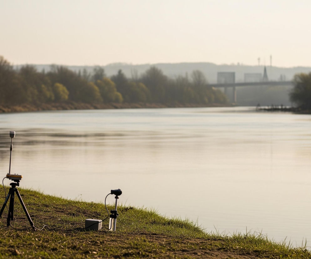 Na pierwszym planie, z prawej strony, leży szarobeżowe pudełko z czarnym przewodem prowadzącym do pionowego, metalowego pręta wbitego w ziemię, obok którego widoczny jest szklany pojemnik. Na lewo od pudełka stoi czarny trójnóg z zamontowanym na nim żółto-szarym urządzeniem, zakończonym białym elementem. Oba te urządzenia znajdują się na trawiastym brzegu rzeki, która dominuje centralną część kadru. W tle widać zalesiony brzeg z rozciągniętym horyzontalnie mostem, a za nim wznoszą się zabudowania przemysłowe i kominy. Niebo jest jasne, o beżowo-białej barwie.