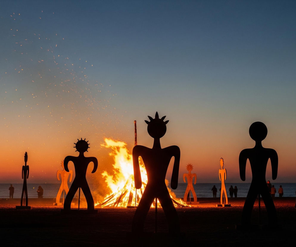 Na szerokiej, piaszczystej plaży o zmierzchu widać duże ognisko, z którego unoszą się iskry w stronę granatowego nieba. Przed i wokół ogniska stoją rzędem ciemne, sylwetkowe figury ludzkie, przypominające kształtem ludziki. Niektóre z tych figur, szczególnie te bliżej ogniska, mają jaśniejsze, pomarańczowe obramowania od blasku płomieni, a jedna z nich posiada koronę na głowie i jest umiejscowiona centralnie. W tle, na horyzoncie, rozpościera się szeroka linia morza, a niebo przechodzi od intensywnego pomarańczu przy horyzoncie w błękit ku górze. Liczne, ciemne sylwetki ludzi stoją dalej na plaży, zwrócone twarzami w stronę ogniska i morza, obserwując wydarzenie.