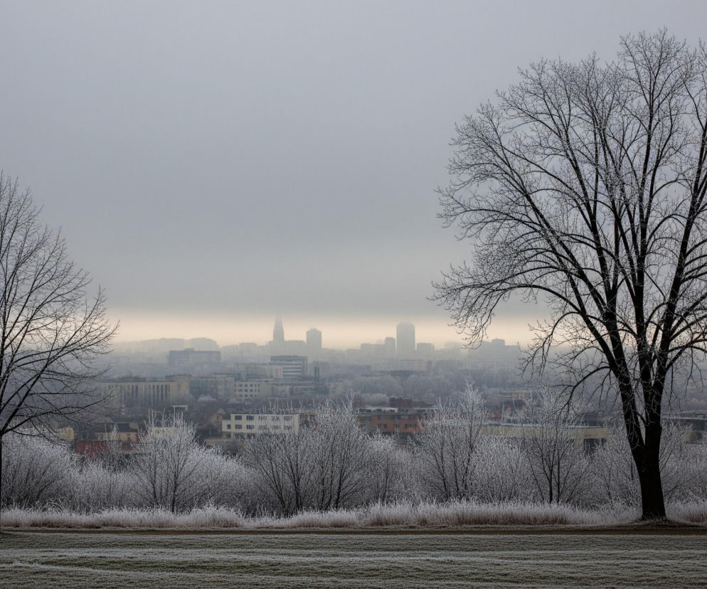 Krajobraz zimowy przedstawia miasto spowite mgłą, widoczne za warstwą oszronionej roślinności. Na pierwszym planie rozpościera się trawiasty teren pokryty szronem, z ciemniejszą, niezaszronioną ścieżką lub pasem gruntu u dołu obrazu, oddzielającą go od reszty. Dwa bezlistne drzewa z ciemnymi gałęziami, również pokryte delikatnym szronem, dominują w kompozycji; większe drzewo znajduje się po prawej stronie, a mniejsze po lewej. Pomiędzy drzewami, w tle, widoczna jest panorama miasta z licznymi budynkami i kilkoma wyższymi wieżowcami, z których jeden wyróżnia się iglicą. Całość jest skąpana w szarym, zamglonym świetle, z jaśniejszym, złotawym pasem nieba tuż nad horyzontem miasta.