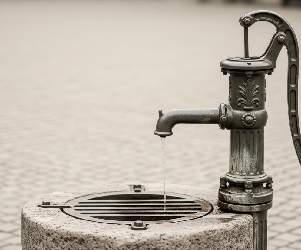 W centrum obrazu znajduje się ciemnoszara, metalowa pompa wodna z dekoracyjnymi elementami, takimi jak liście i kręgi, z której wypływa cienki strumień wody. Strumień wody spada do okrągłego, metalowego kratkowanego odpływu, osadzonego w kamiennym, cylindrycznym cokole. Tło stanowi rozmyta, jasna powierzchnia wyłożona drobną, szarą kostką brukową.