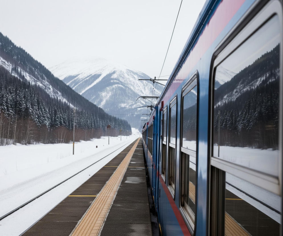 Niebiesko-czerwony pociąg stoi na peronie zimą, ukazując jego prawy bok z szeregiem prostokątnych okien odbijających zaśnieżone góry i las. Po lewej stronie toru, równolegle do pociągu, rozciąga się zaśnieżony krajobraz z ciemnozielonymi drzewami iglastymi pokrytymi śniegiem na stokach górskich, a w oddali widać skalisty, zaśnieżony szczyt. Peron jest ciemny z podłużnym, teksturowanym pasem w kolorze ochry biegnącym wzdłuż jego krawędzi. Nad pociągiem widoczne są elementy trakcji elektrycznej.