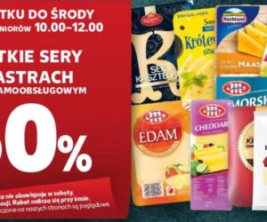 Wszystkie sery w plastrach tańsze o 30 proc. Specjalna oferta jest też na ser żółty gouda Łowicz (1,59/100 g), ser radamer Spomlek (1,99 zł/100 g , ser rambol orzechowy, obłożony włoskimi orzechami (5,49 zl/100 g).